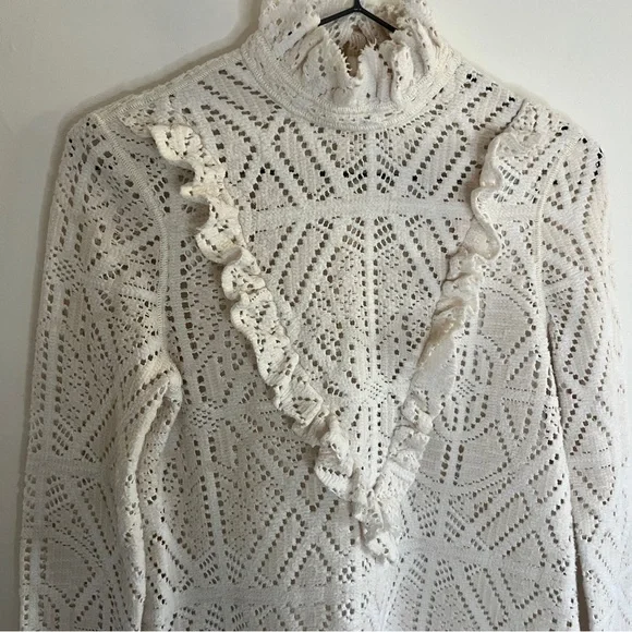 See by Chloe Cream Crochet Knit High Neck Victorian Style Long Sleeve Blouse - Picture 3 of 9